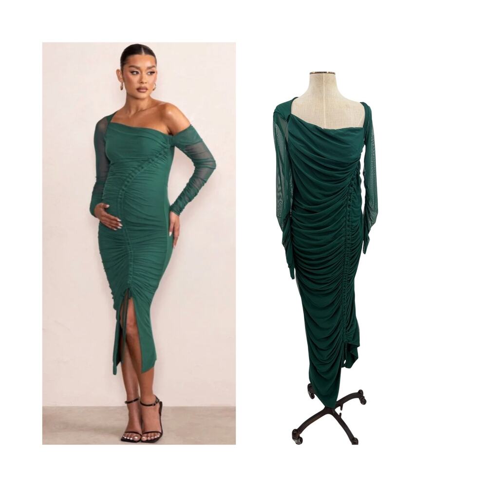 Club L London Sweet Dreams Green Ruched Mesh Maternity Maxi‎ Dress US 10